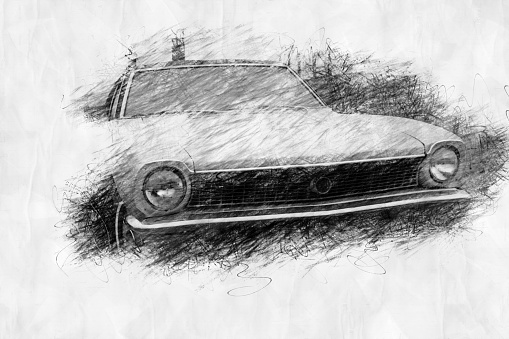front of an old vintage car from the 1970s in pencil drawing style