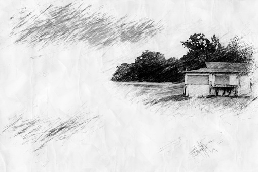 old wooden house with trees in pencil drawing style