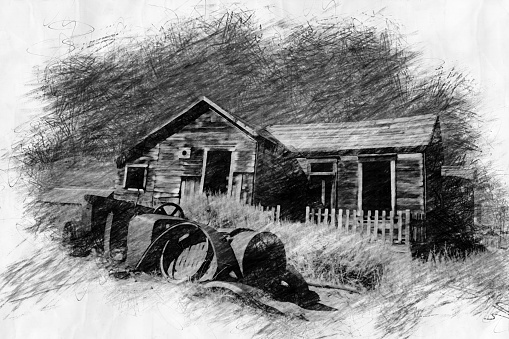 old abandoned farm house and vintage car in pencil drawing style