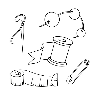 Monochrome set of icons, collection of objects for needlework and making various things, vector illustration in cartoon style