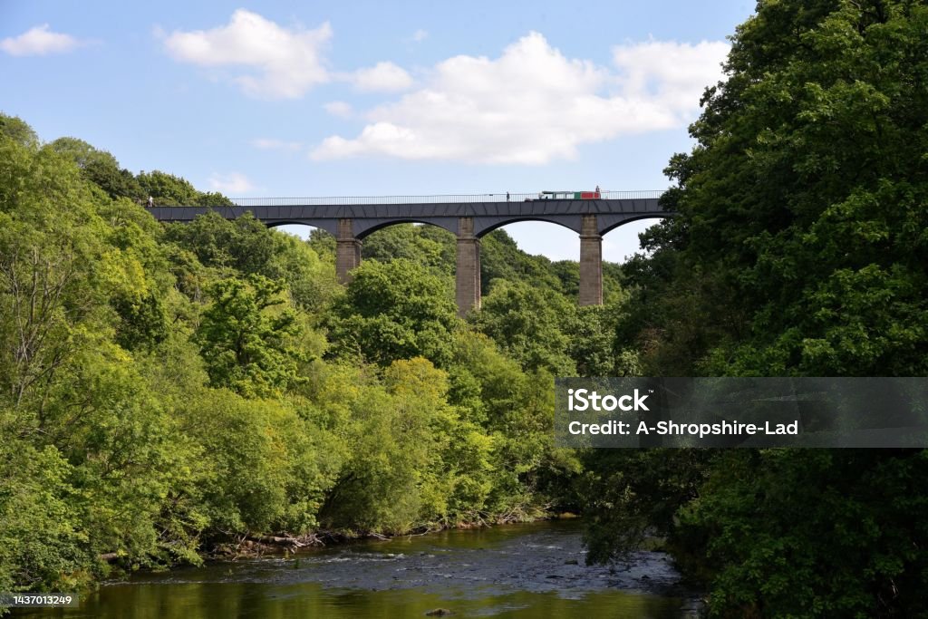 Pontcysyllte Aquaduct, Wales, UK Pontcysyllte Aquaduct from the River Dee, Wales, UK Aqueduct Stock Photo