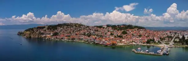 An aerial panoramic view of Ohrid cityscape on Lake Ohrid in Macedonia on blue cloudy sky background