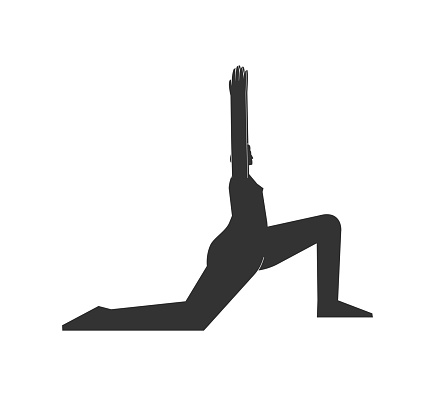 Vector isolated illustration with flat black silhouette of female character. Sportive woman learns yoga posture Anjaneyasana. Fitness exercise - Crescent Pose Low Lunge. Minimalistic design