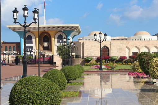 Tunisia - Tunis Parliament building and Tunisian flags. May, 2016. Beautiful Arabic architecture.