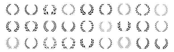 Laurel wreath set of black circular foliate laurels branches. Set of wreaths and branches with leaves. Vintage laurel wreaths collection. Set black silhouette circular laurel foliate.
