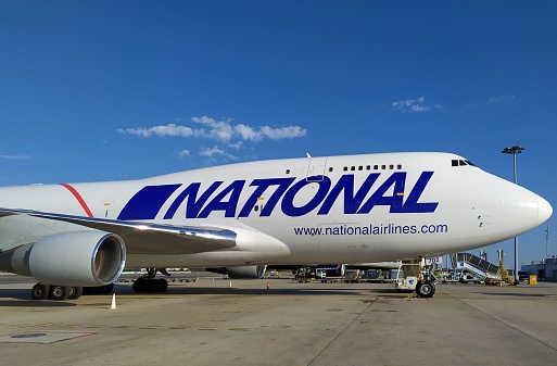 Lisbon, Portugal – September 20, 2022: The National Airlines Boeing 747-412(BCF) plane in Lisbon Airport, Portugal