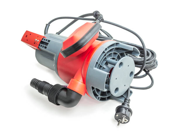 istock Household submersible pump with plastic housing lie on white background 1437021614
