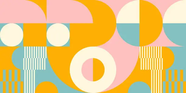Vector illustration of Retro geometric aesthetics. Bauhaus and avant-garde inspired vector background with abstract simple shapes like circle, square, semi circle. Colorful pattern in nostalgic pastel colors.