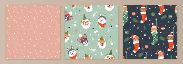 Vector illustration of Christmas and Dogs patterns collection.