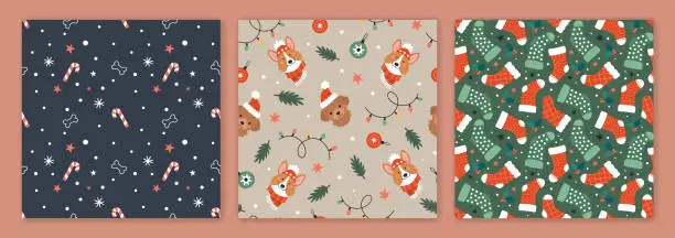 Vector illustration of Christmas and Dogs patterns collection.