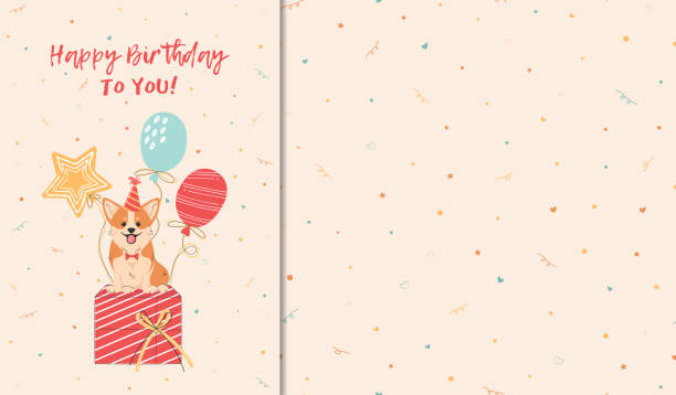 ilustraciones, imágenes clip art, dibujos animados e iconos de stock de tarjeta de cumpleaños con un lindo corgi sentado en regalos de globos y un patrón festivo sin fisuras. vector - flying vacations doodle symbol