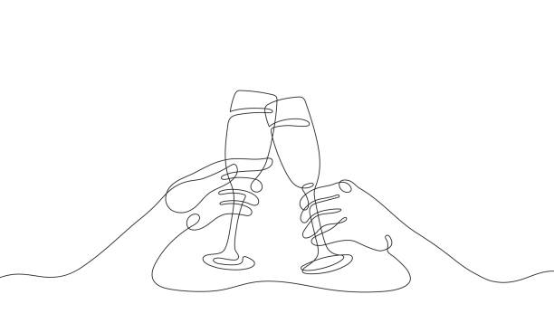 jedna linia kieliszków szampana brzęczy. urodziny lub nowy rok, sztuka wesoły kieliszek wina musującego. na zdrowie, trzymanie za rękę świątecznych napojów, ciągła linia uporządkowana grafika wektorowa - clink stock illustrations