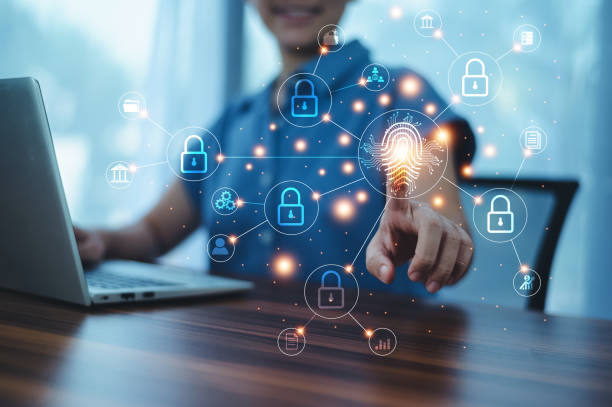 istock scan finger  Data security concept, Woman scan finger print unlock on digital Data security enter, Data security concept design for digital data technology 1437023833