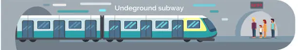 Vector illustration of Transport leaving tunnel to metro. Train for transporting passengers at underground station platform