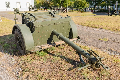 Vendas Novas, Portugal – July 23, 2022: A cannon at the Museum of the Practical School of Artillery in Vendas Novas, Portugal