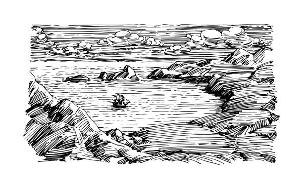 Sailboat in a bay. Northern seascape. Rocky coast. Vector illustration in black ink, isolated on a white background in the style of an engraving.