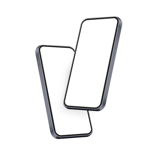 ilustraciones, imágenes clip art, dibujos animados e iconos de stock de dos maquetas de teléfonos inteligentes con pantallas de perspectiva en blanco - phone mockup