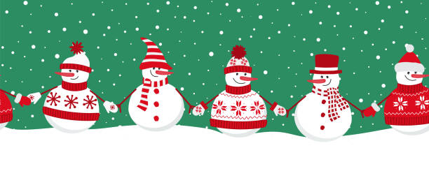 ilustrações de stock, clip art, desenhos animados e ícones de seamless border. christmas background. snowmen rejoice in winter holidays - scarf hat green glove