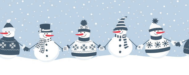 Seamless border. Christmas background. Snowmen rejoice in winter holidays snowmen rejoice in winter holidays. Seamless border. Christmas background.  different snowmen in blue winter clothes holding hands. Vector illustration snowman stock illustrations
