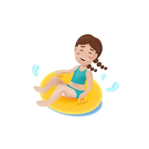 Vector illustration of A girl in inflatable ring in 3d style. Kids having fun on water slides. Summer time.