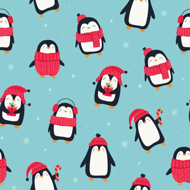 Vector illustration of Seamless pattern with cute penguins and snowflakes on blue background. Funny penguins in red Christmas hat, sweater and scarf. Christmas and New Year ornament pattern. For textiles, wrapping paper