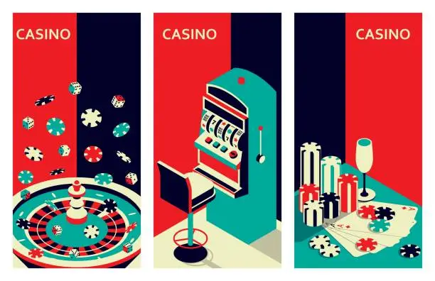 Vector illustration of Set of casino banners. Roulette table and slot machine. Chips, drink and ace cards. Vector illustration.