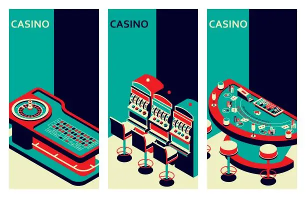 Vector illustration of Set of casino banners. Roulette table, slot machine and black jack. Vector illustration