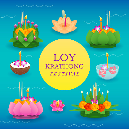 Loy Krathong Festival greeting card vector design. Set of Krathong floating on water