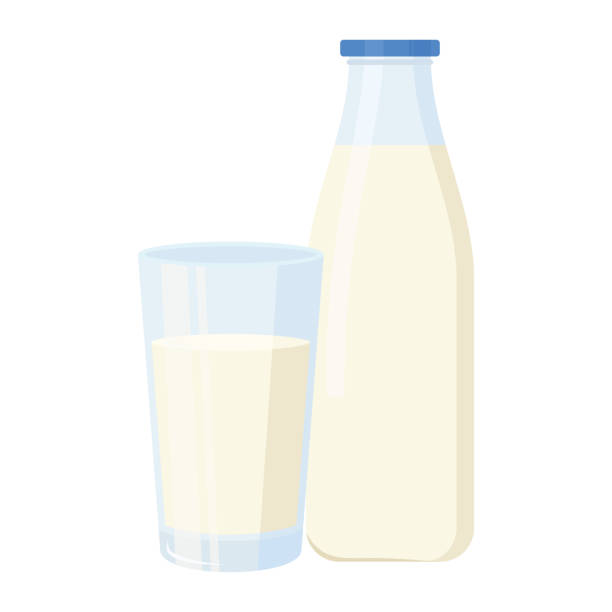 молоко в стакане и бутылках, изолированных на белом фоне - latté glass coffee milk stock illustrations