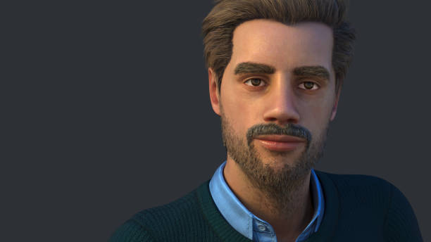 man in his forties with a beard and big eyebrows portrait on gray background 3D illustration