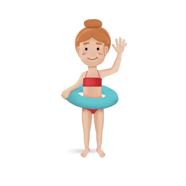 Vector illustration of Illustration of a little girl in inflatable ring in 3d style.