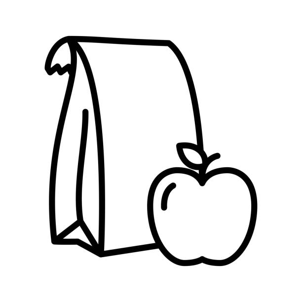 symbol für die papiertüte für mittagessen. schulessen, papierpackung und apfel. - lunch box packed lunch apple symbol stock-grafiken, -clipart, -cartoons und -symbole