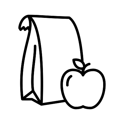Lunch paper bag icon. School lunch, paper pack and apple. Pictogram isolated on a white background.