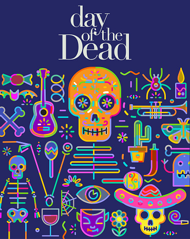 Geometric icon styled image for Mexican Day of the Dead Festival, Dia De Los Muertos, Human Skull, Human Face, Spooky, Skeleton, Guitar,