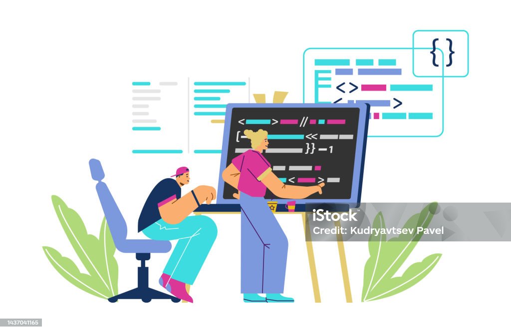 Code Writing Graphic Man And Woman Writing Programming Code On Big Laptop Flat Vector ...