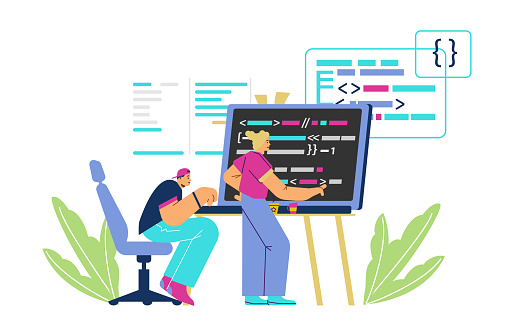Man And Woman Writing Programming Code On Big Laptop Flat Vector ...