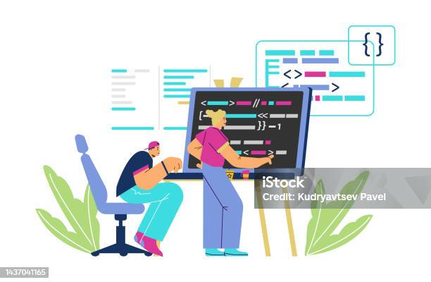 Man And Woman Writing Programming Code On Big Laptop Flat Vector ...