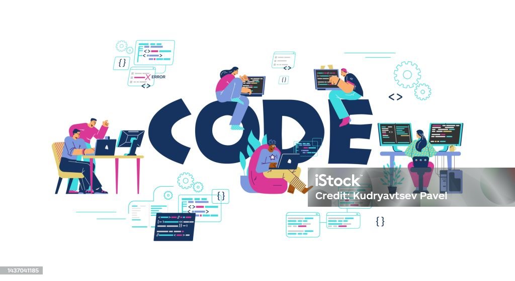 Code Typographic Header With Tiny People Programming Flat Vector ...