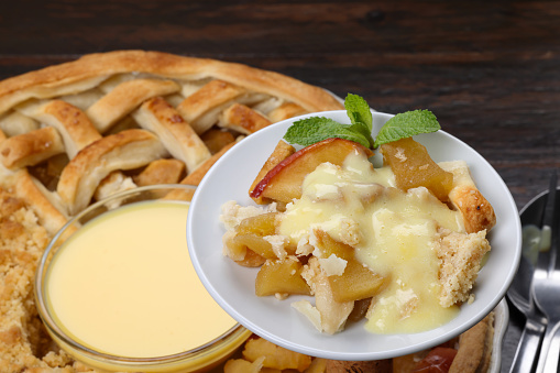 Apple tart crumble and pie with custard