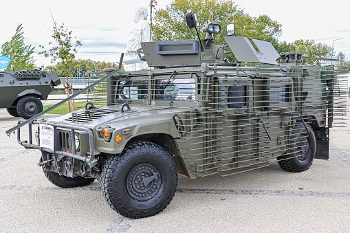 leiria, Portugal – October 16, 2022: A high mobility multipurpose wheeled armored military vehicle (HMMWV)