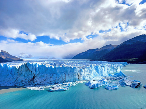 Panoramic view of the Perito Moreno Glacier in Los Glasyares National Park, Patagonia, Argentina. Extreme nature and polar landscapes.