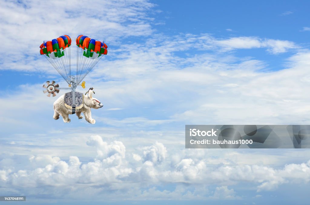 Fantasy Flight of the Polar Bear Digitally generated with my photographic images.

Tired of the cold arctic weather, a polar bear, navigated by a penguin, decides to fly south to warmer weather and takes flight into the stratosphere. Penguin Stock Photo