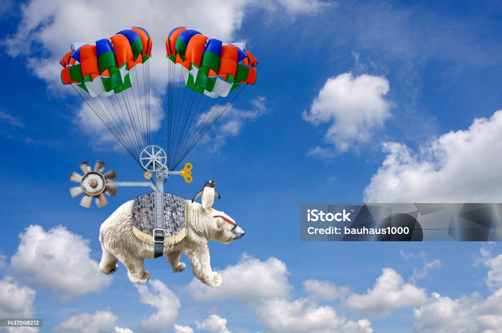 Fantasy Flight of the Polar Bear Digitally generated with my photographic images.

Tired of the cold arctic weather, a polar bear, navigated by a penguin, decides to fly south to warmer weather and takes flight into the stratosphere. Bizarre Stock Photo