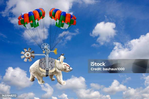 Fantasy Flight Of The Polar Bear Stock Photo - Download Image Now - Bizarre, Co-Pilot, Humor