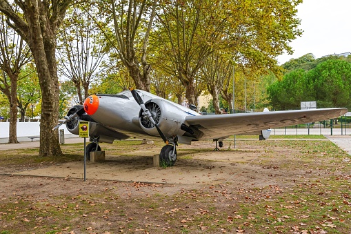 Leiria, Portugal – October 16, 2022: A Beechcraft C-45 Expeditor plane at Tenente Coronel Jaime Filipe da Fonseca Municipal Park in Leiria