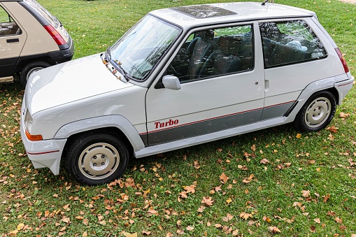 Leiria, Portugal – October 16, 2022: A historic white Renault 5 Turbo car during an exhibition in a park