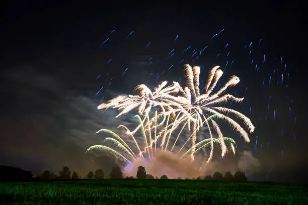 Fireworks with blue rain and yellow stars against dark night sky. Green meadow and tree line. Ideal for Sylvester and New Year's Day. Germany, Ostfildern.