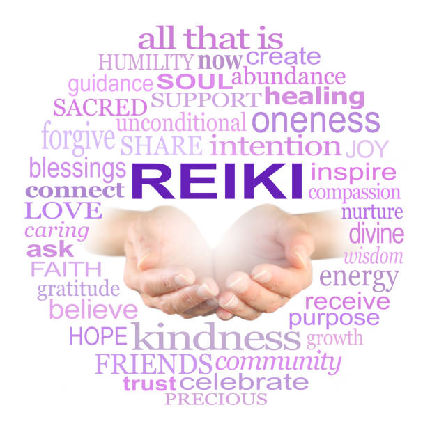 Reiki Share Healing Word Cloud circle Healer's cupped open hands surrounded by a circle of wise healing words on a white background alternative healthcare worker stock pictures, royalty-free photos & images