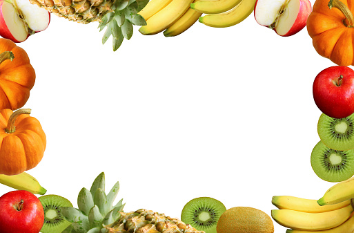 Frame of Colorful Assorted Fresh Ripe Fruits on White Background