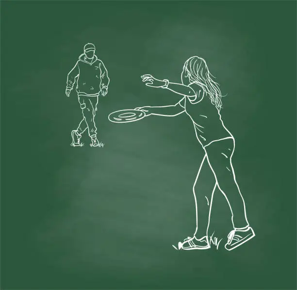 Vector illustration of Father Daughter Playing Frisbee Chalkboard